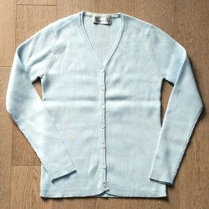 Light Blue 100% Cotton Button-up Ribbed Knit Cardigan